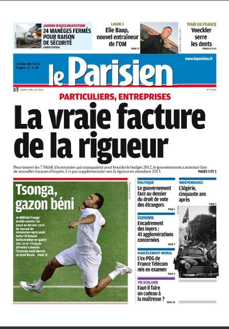 Le Parisien + Cahier de Paris et Supp. Economie du 05 Juillet 2012