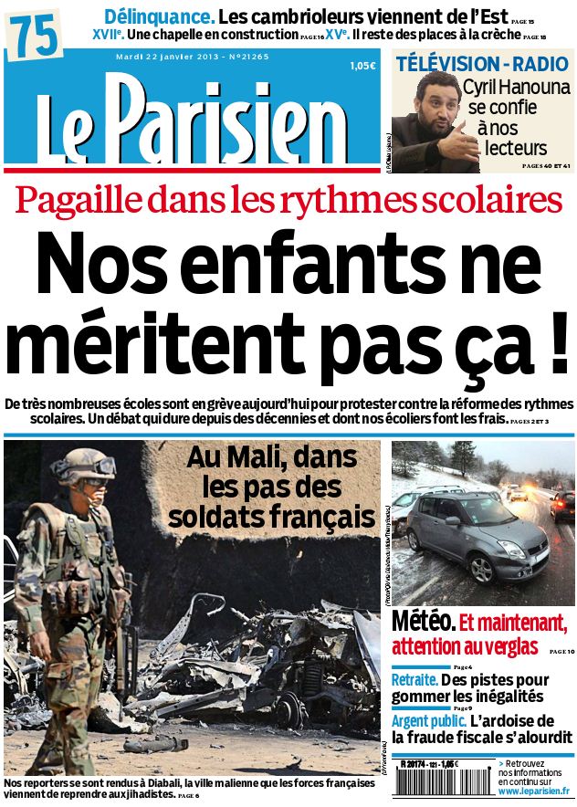 Le Parisien + Cahier Paris du mardi 22 janvier 2013